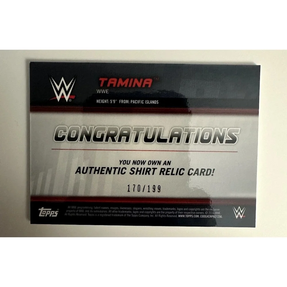 2016 Topps WWE Tamina Authentic Shirt Relic Card #170/199 Wrestling Memorabilia